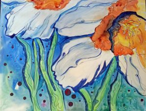Daffodil Ocean - 27" x 33" Matted Ready to Frame Original Watercolor on Yupo Paper :: $395.00